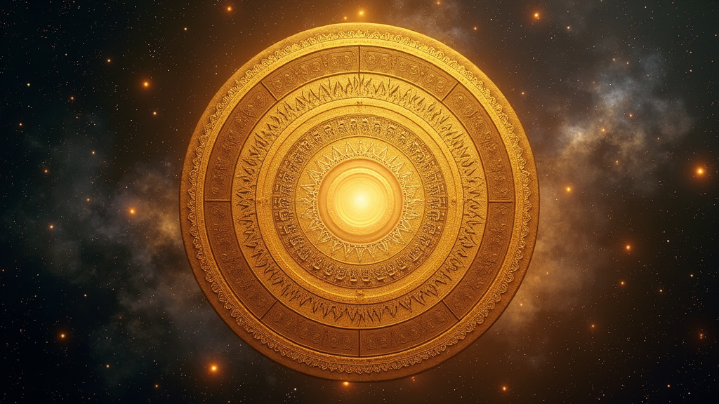A symbolic image of the four Yugas depicted as segments of a golden wheel set against a cosmic background with swirling stars and a transition from darkness to light